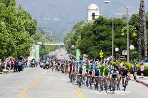 The peloton during stage 3 of the 2013 Tour of California bike race passing through Ojai, California.