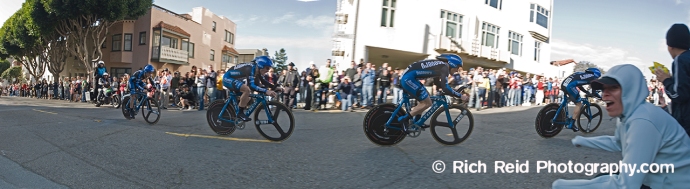 Five image composite of Levi Leipheimer riding to his victory during the prologue stage of the 2006 Tour of California in San Francisco, California.