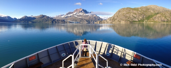 Panorama from the National Geographic Sea Lion bow and the Fairweather Range in Glacier Bay National Park and Preserve, Alaska.