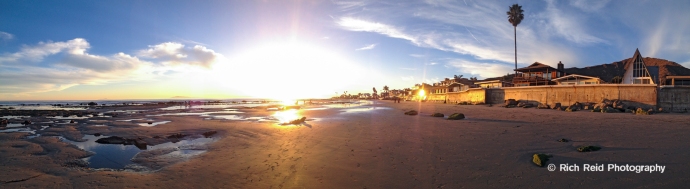 Panorama of the sunset on Mondos Beach near Ventura, California.