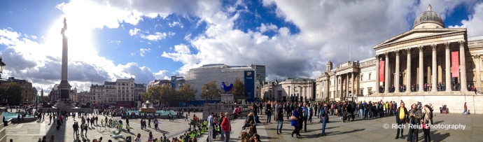 Panorama of the National Gallery in Trafalgar Square in London, England.