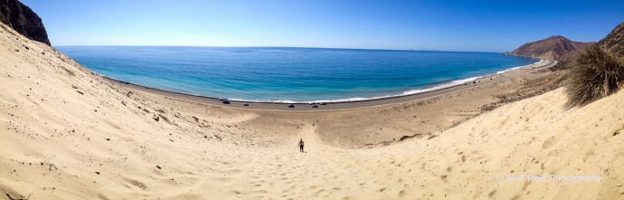 Panorama of sand dunes and the Pacific Coast Highway near Malibu, California.