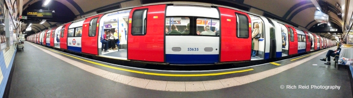 Panorama of the London Undergroud train at an empty station in London, England.